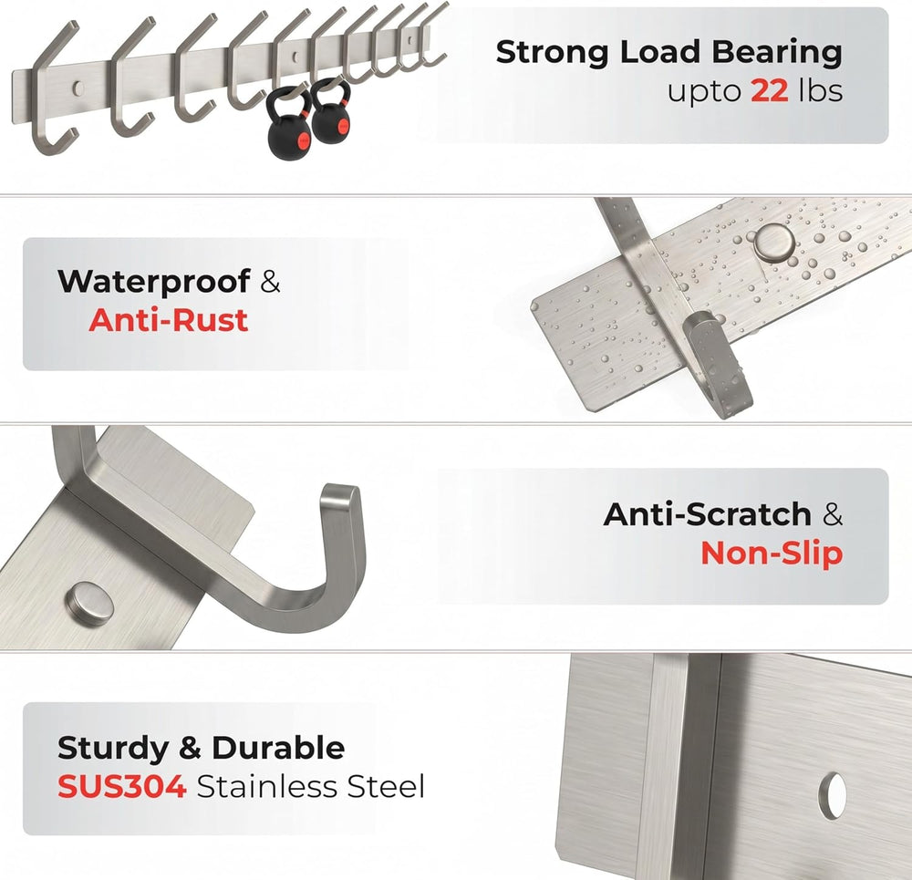 Coat Rack Wall Mount – Brushed Nickel 30 Inch Stainless Steel Hook Rail with ...