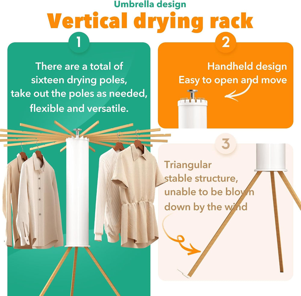 Heavy-Duty Wooden Tripod Clothes Drying Rack, 16 Rods, Large Capacity, 360° A...