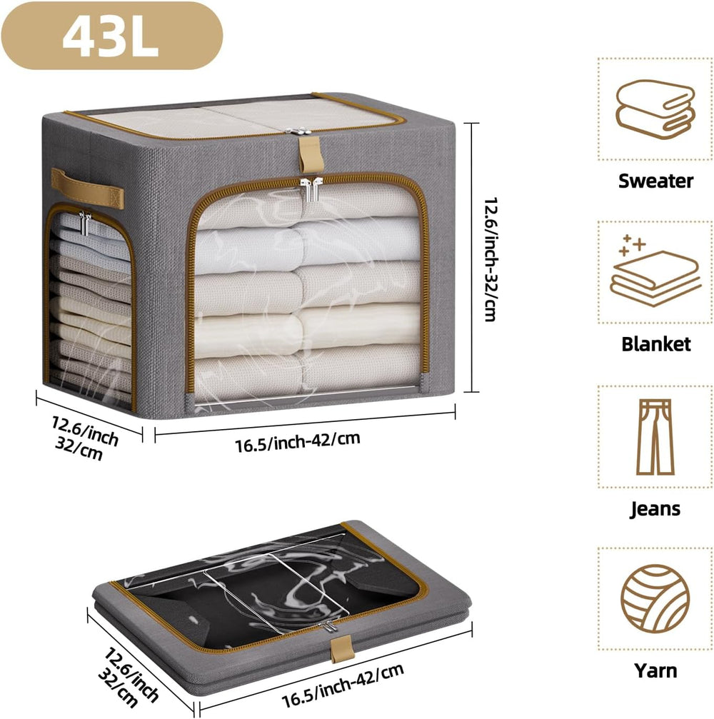 Clothes Storage Bins with Metal Frame and 3 See-Through Windows Openings