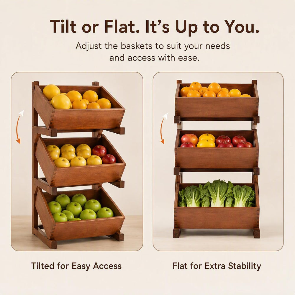 3 Tier Wood Fruit and Vegetable Basket Stand Rack for Kitchen, Fruit Basket f...