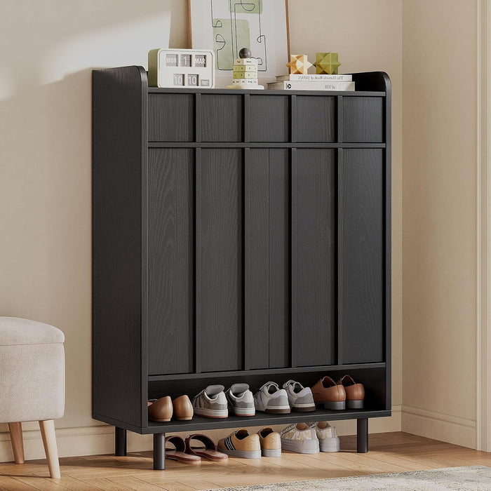 Shoe Cabinet Storage for Entryway with Doors, 6 Tier Fluted Shoe Organizer with Drawer & Adjustable Shelves, Freestanding Hidden Shoe Rack for Front Door Entrance, Black