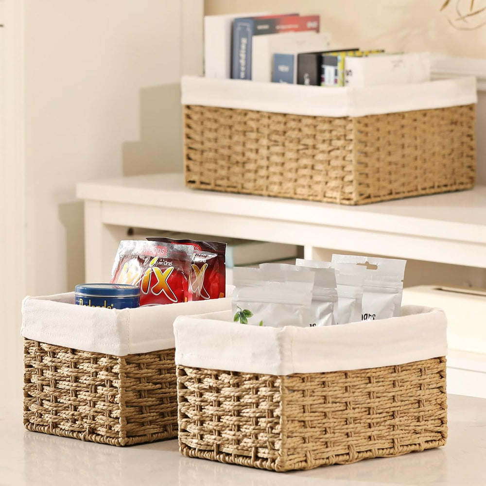 Vagusicc Wicker Storage Basket, 3-Pack Woven Paper Rope Wicker Baskets with H...