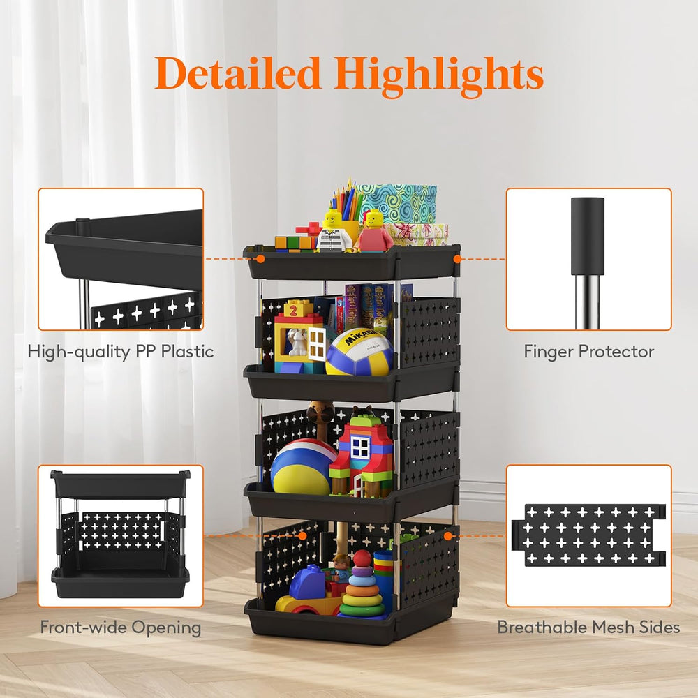 Lifewit 4 Tier Plastic Stackable Storage Baskets for Clothes 2 Pack, Black