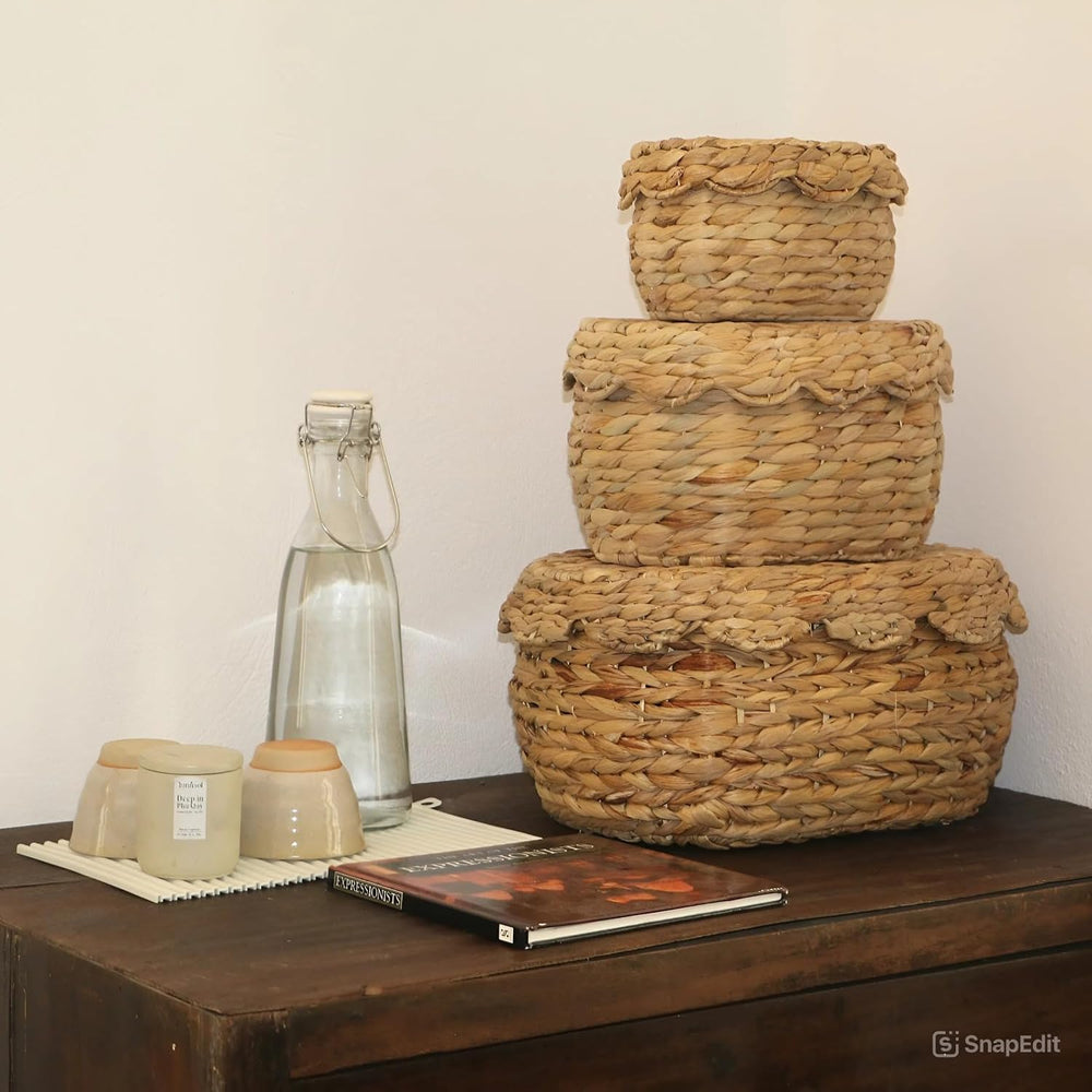 Scalloped Basket Set of 3 with Lids, Bread Basket, Natural