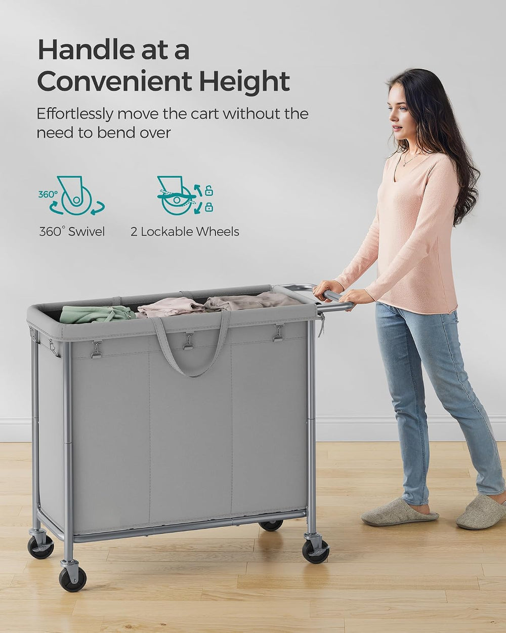 SONGMICS Laundry Basket with Wheels, 3-Section, 52.7 Gallons (199.5 L)