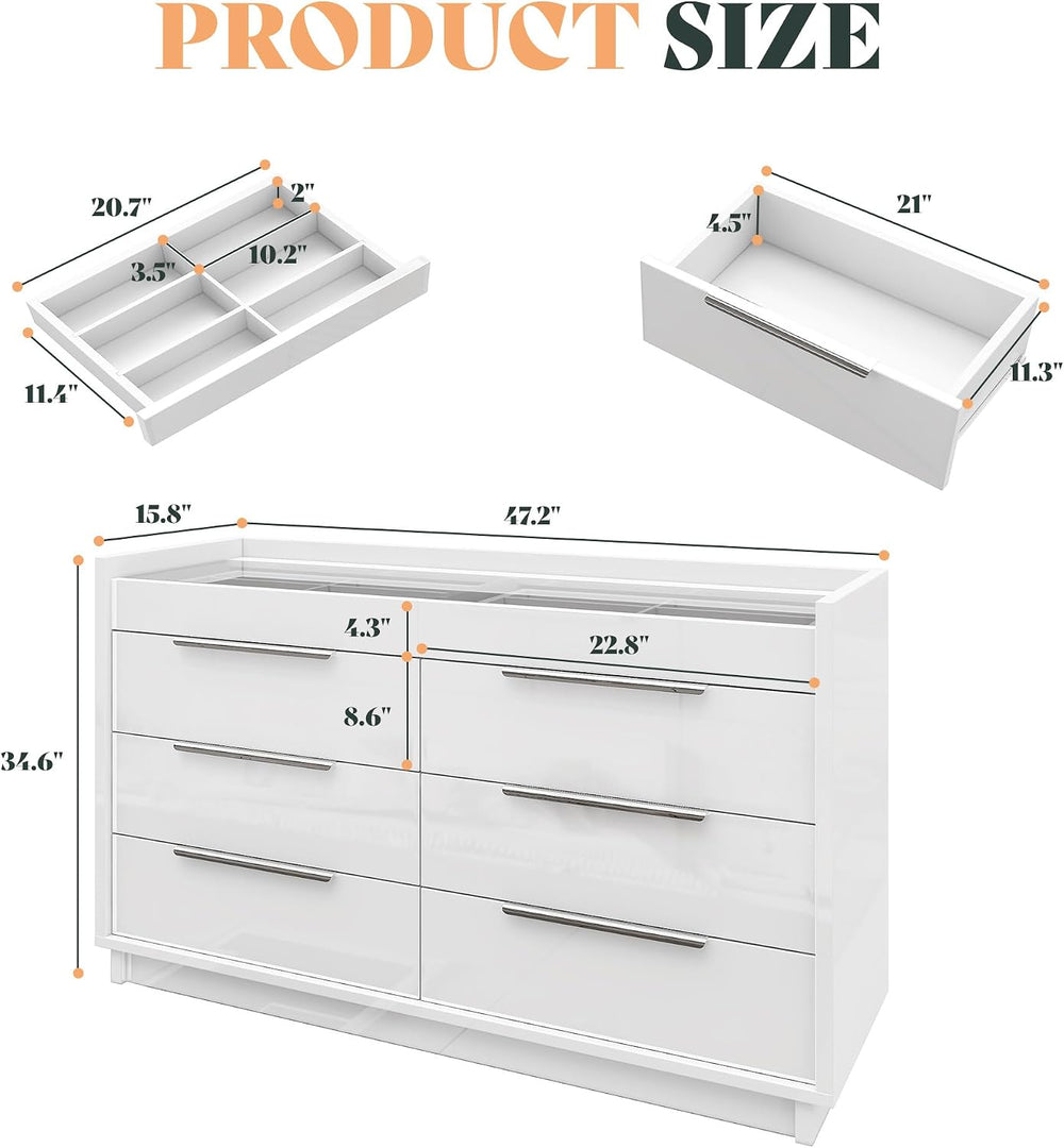 AMERLIFE 47.2" W 8-Drawer Dresser with Glass Top, High Gloss, White