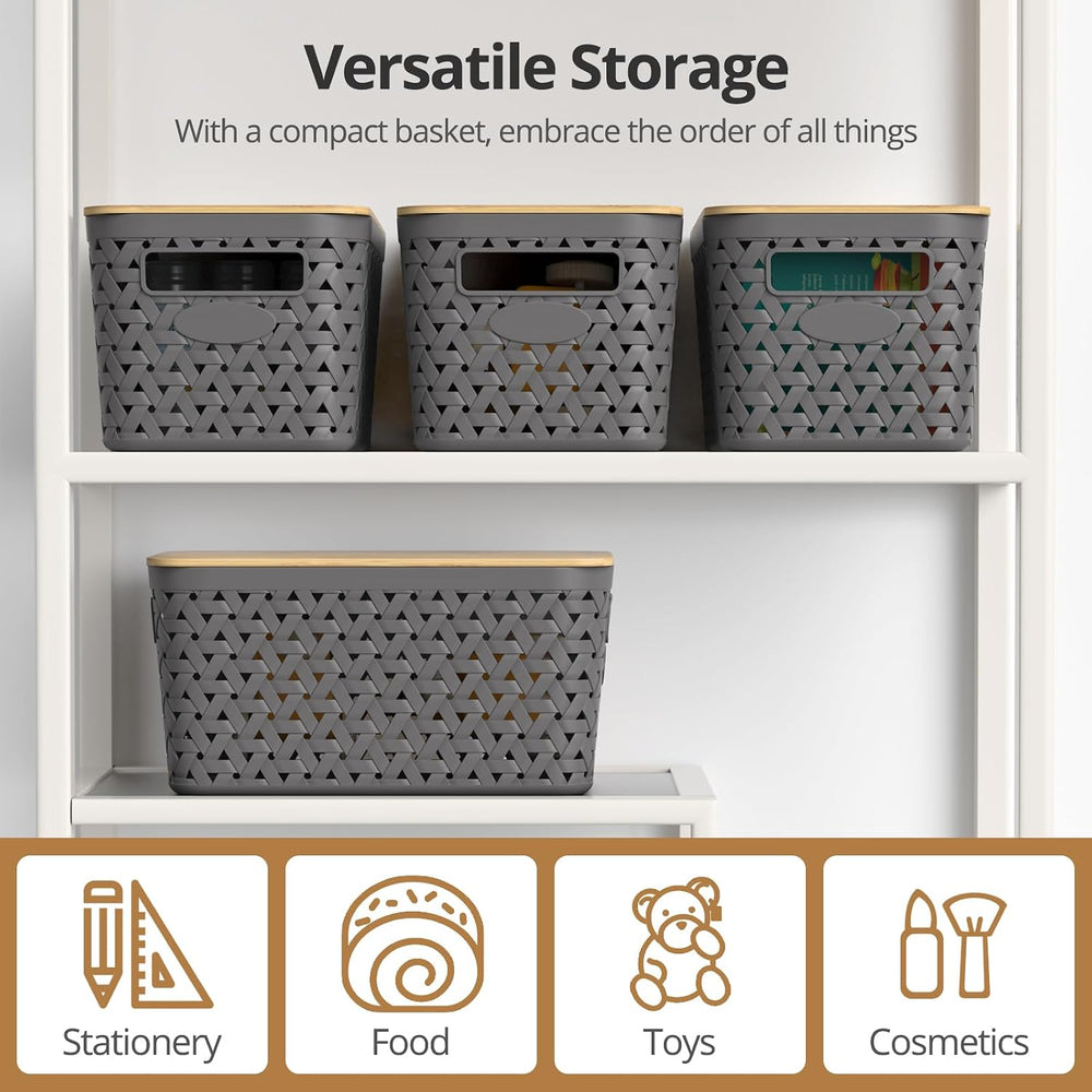 Plastic Storage Bins with Bamboo Lids, Stackable Small Box Baskets for Organi...