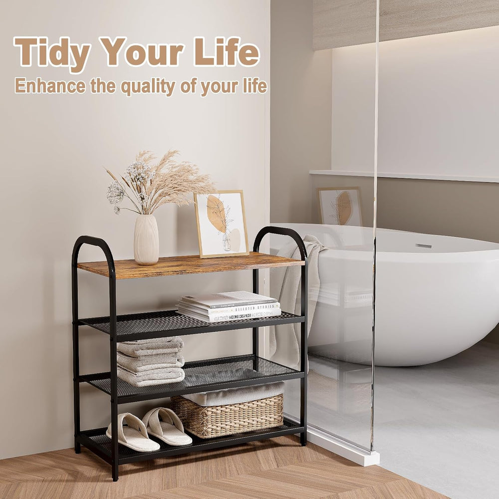 4-Tier Shoe Rack for Front Door Entrance, Metal Wood Shoe Shelf