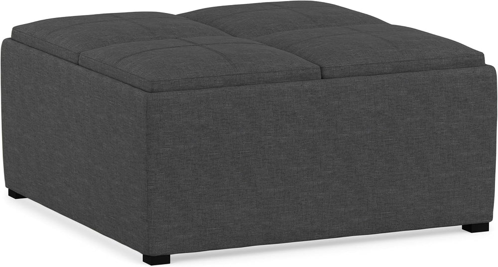 SIMPLIHOME Avalon 35" Wide Linen Look Fabric Square Ottoman in Slate Grey