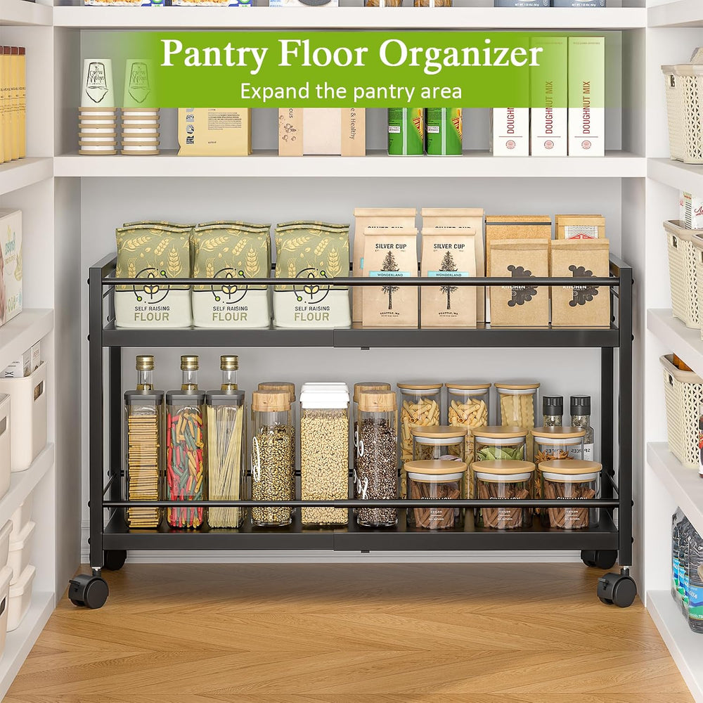 1 Pack 2-Tier Expandable Pantry Floor Organizer Cart, Rolling Pantry Storage ...