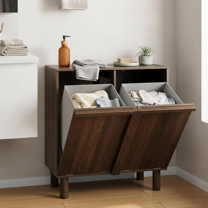 Smart FENDEE Double Laundry Hamper Cabinet, 26.2" Small Wooden Dirty Clothes Basket with Handles, Narrow Tilt-Out Laundry Sorter for Small Spaces, Bathroom, Bedroom, Apartment, Walnut Finish