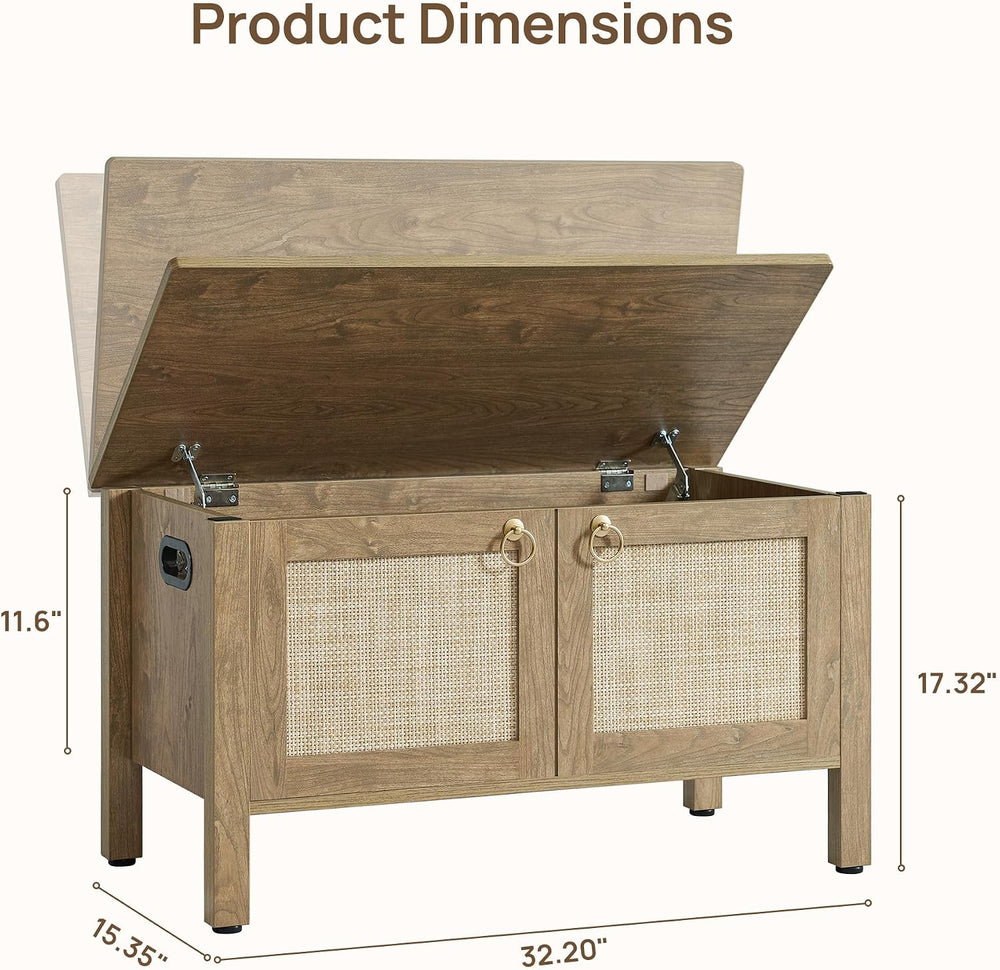 SICOTAS Rattan Storage Bench Boho Storage Chest with 2 Safety Hinges