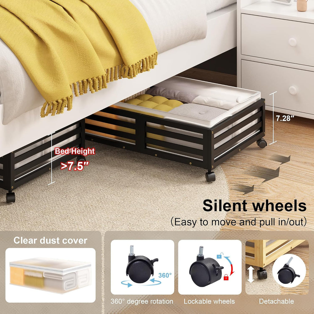 Under Bed Storage with Wheels, 2 Pack Bamboo Drawers for Shoes and Clothes
