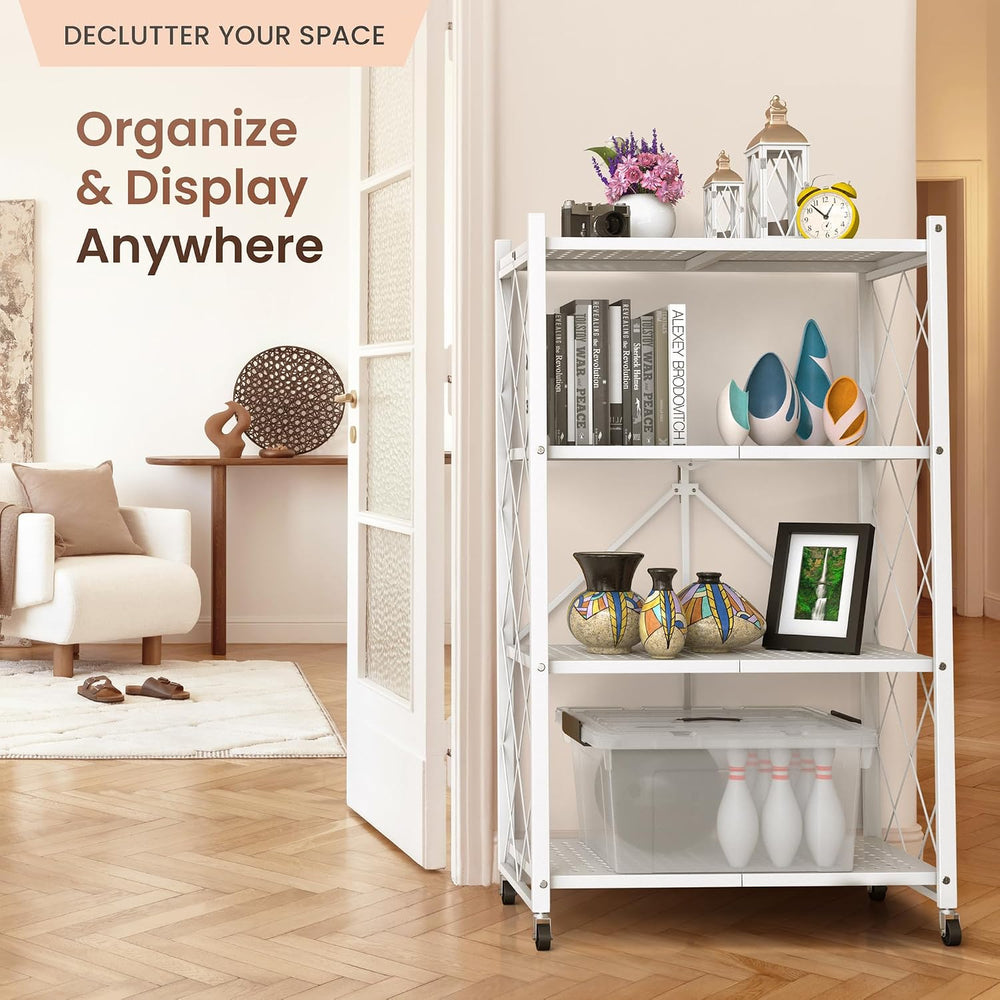 Our Modern Space 4-Tier Foldable Storage Shelf with Wheels | Metal Rack Colla...