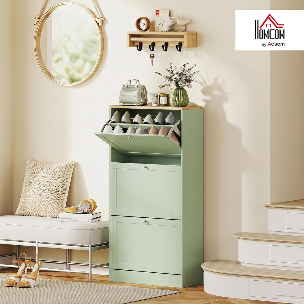 HOMCOM Modern Shoe Storage Cabinet with 3 Flip Drawers, Wooden Freestanding S...