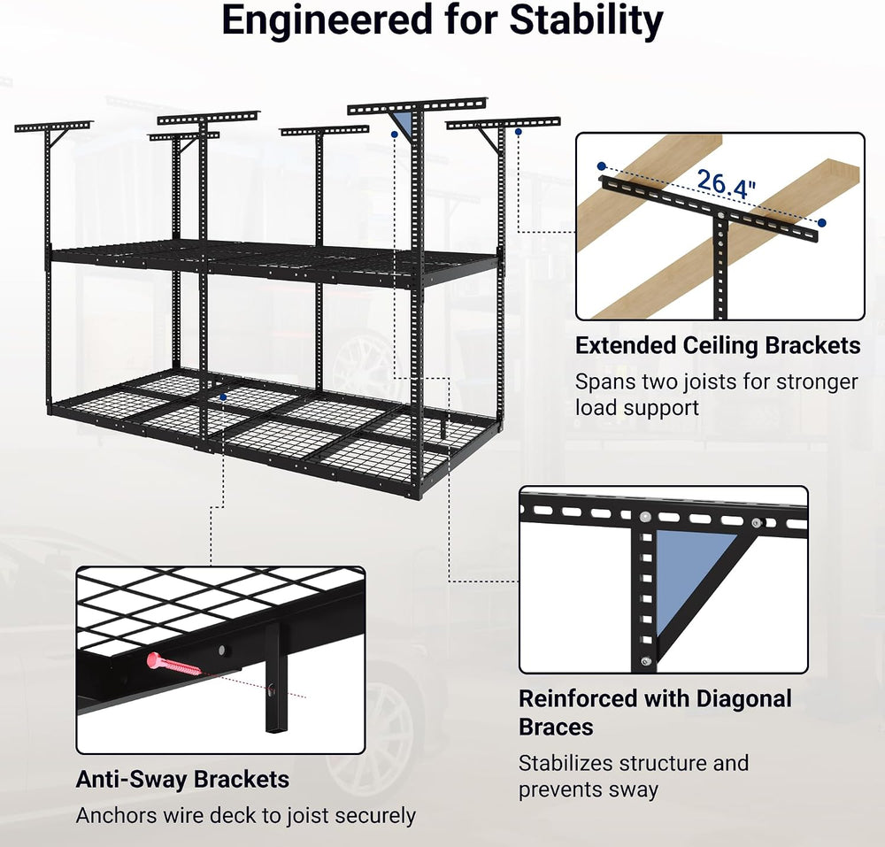 FLEXIMOUNTS 4x8 2-Tier Overhead Ceiling Garage Storage Rack, Black