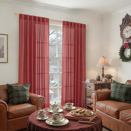 YoungsTex Red Linen Semi Sheer Curtains 84 Inch Length - Image 2