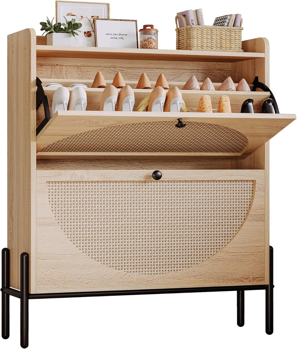 IRONCK Rattan Shoe Cabinet Storage with 2 Flip Drawers, Oak