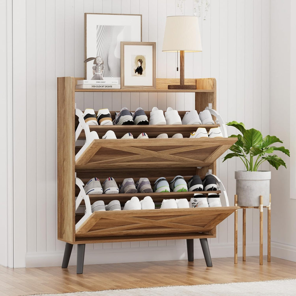 Homleke Farmhouse Shoe Storage Cabinet with Flip Drawers & Barn Door Design