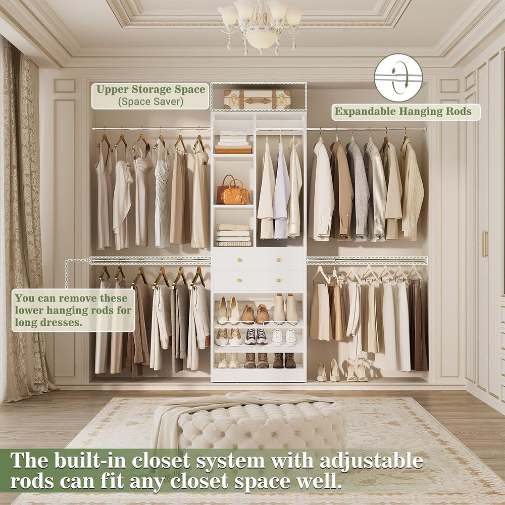 Besiost Closet System, 4.2–8.8 FT Closet Organizer with 2 Wooden Drawers and ...