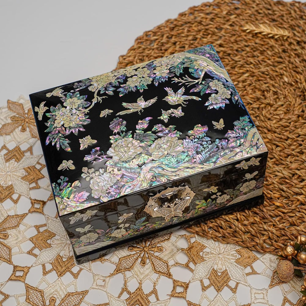 February Mountain Mother-of-Pearl Jewelry Box | Wooden Make | Two-Layer Velve...