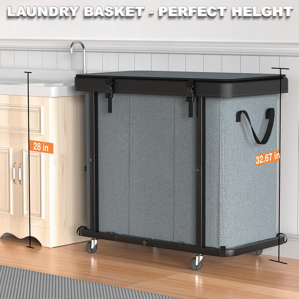 Laundry Basket with Wheels, 230L(60Gal) Laundry Sorter 3 Section - Gray