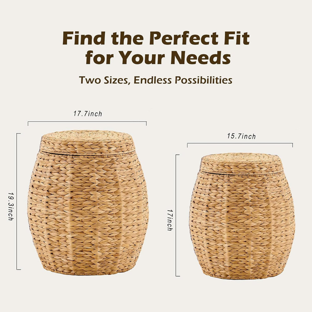 Round Wicker Basket with Lid, Handwoven Water Hyacinth Storage Basket, Blanke...