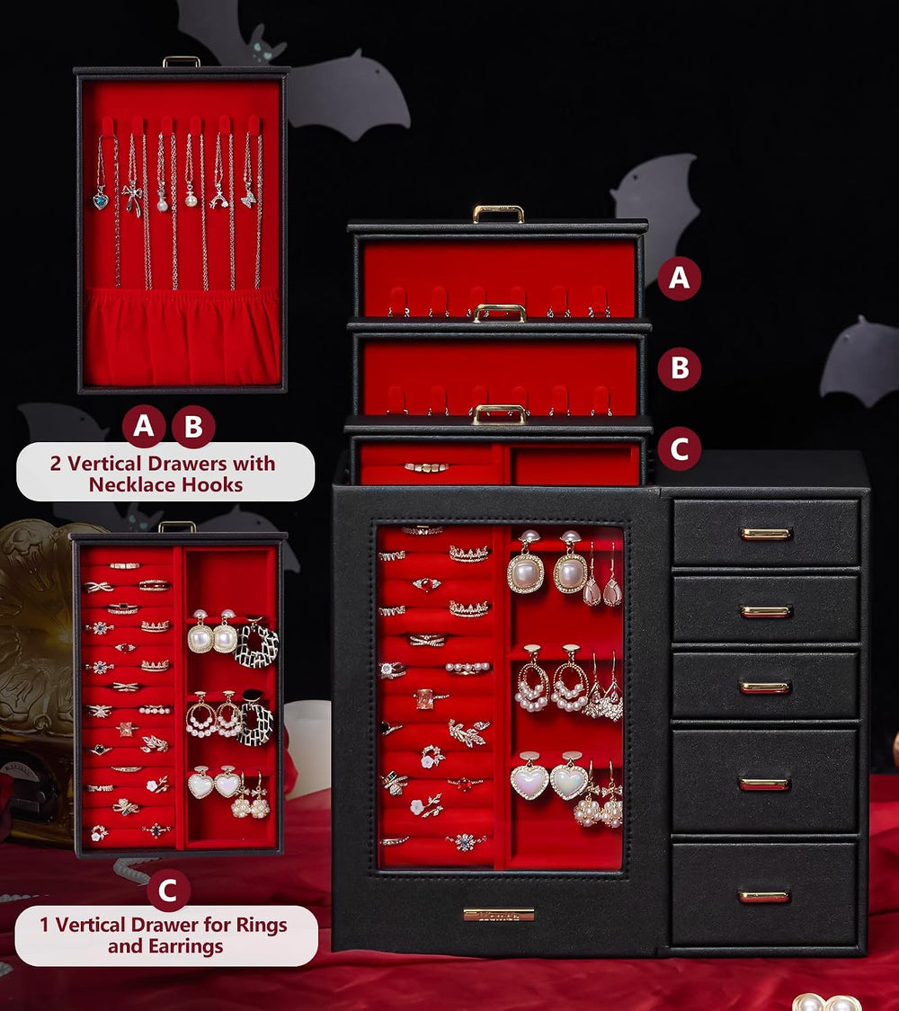 Homde Large Jewelry Box/Organizer/Case with Glass Window, Drawers for Necklac...