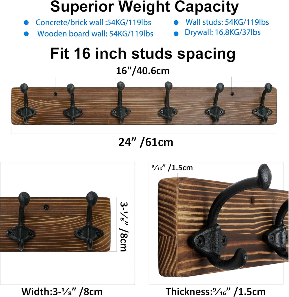 WEBI Rustic Coat Rack Wall Mount,24" Long 6 Cast Iron Coat Hooks Wall Mo...
