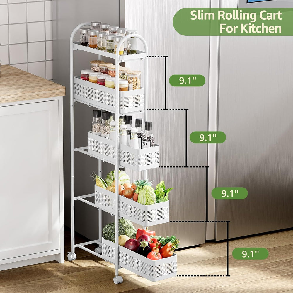 KINGRACK 5 Tier Slim Rolling Cart with Drawer, Metal Utility Storage Cart | 4...