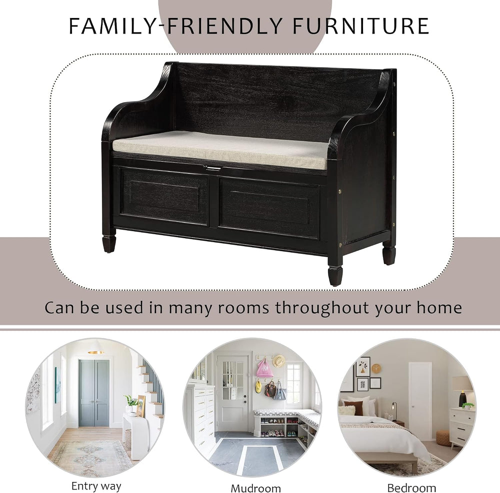 P PURLOVE 42 Inch Rustic Style Storage Bench with Safety Hinge,Solid Wood Ent...