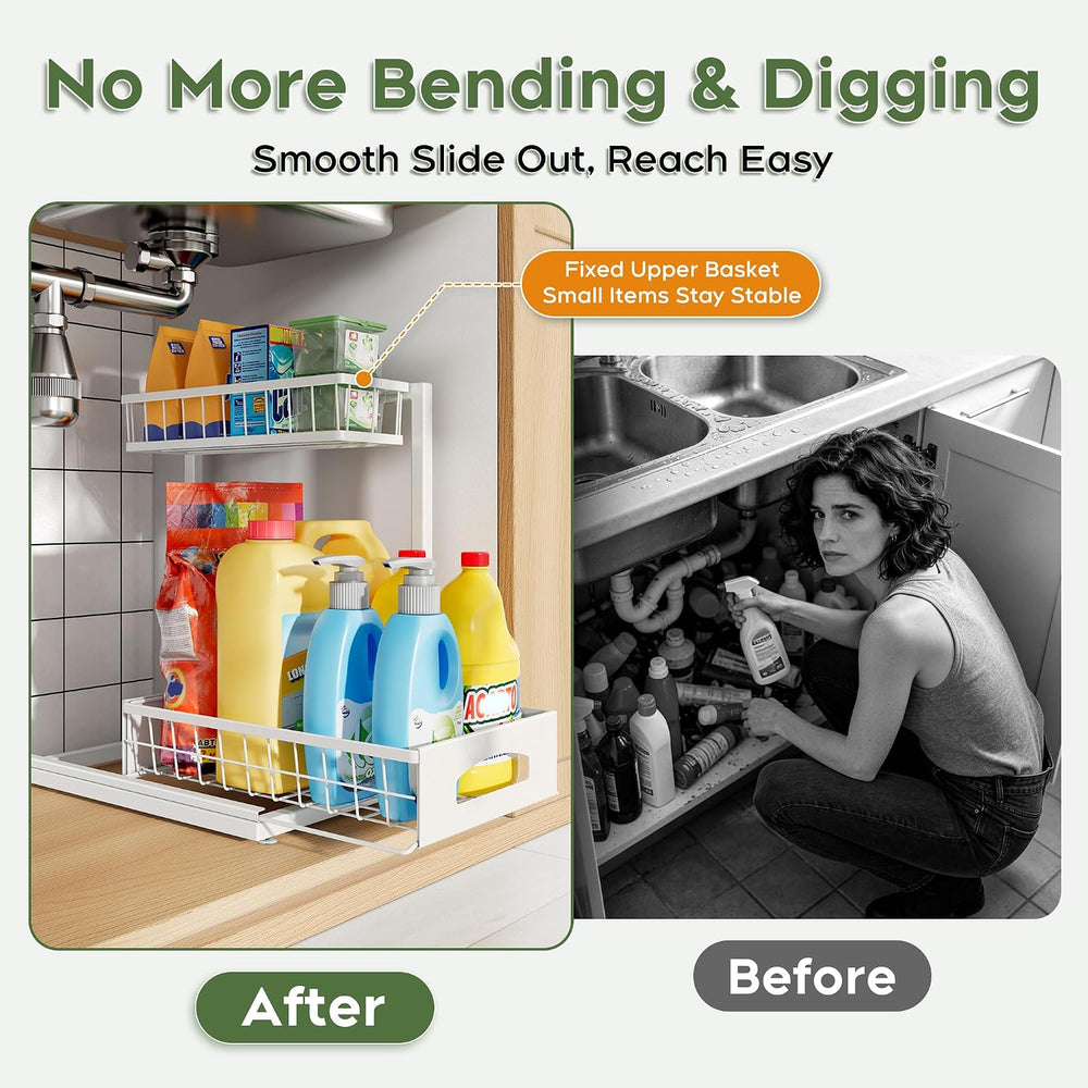 Under Sink Organizer, 2-Pack L-Shaped Metal Pull-Out Drawers for Kitchen