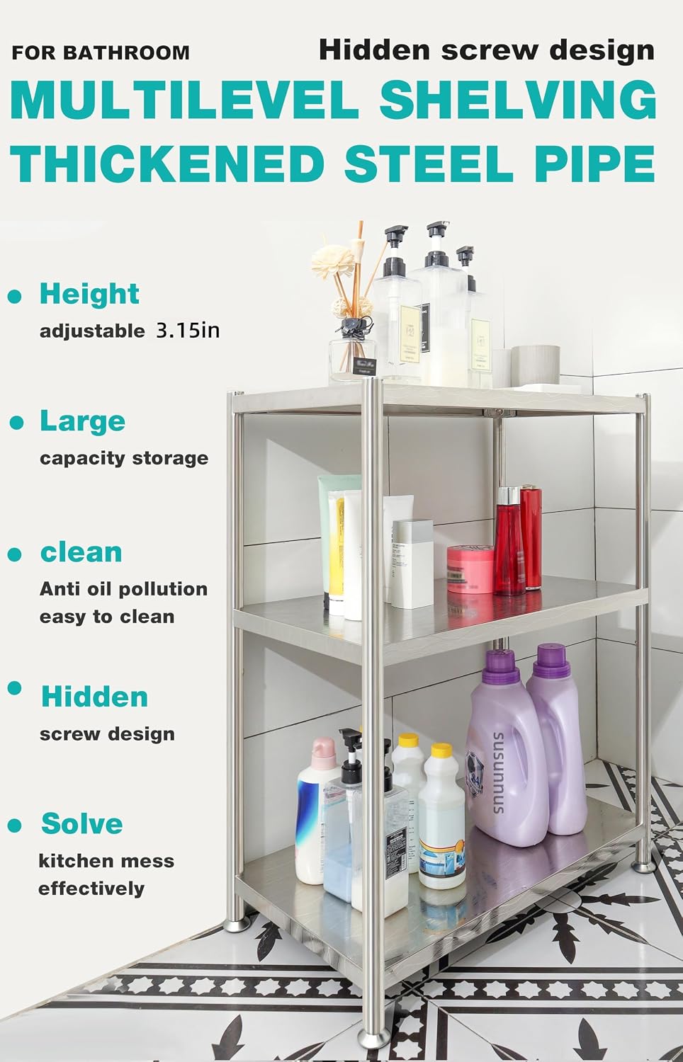 susunnus Stainless Steel Shelves,23.6in-4T,for Kitchen,Living Room,Bathroom