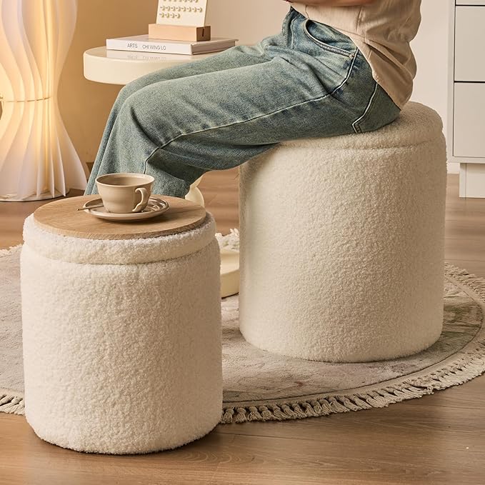 Round Ottoman with Storage Set of 2-Upholstered Sherpa Vanity Stool