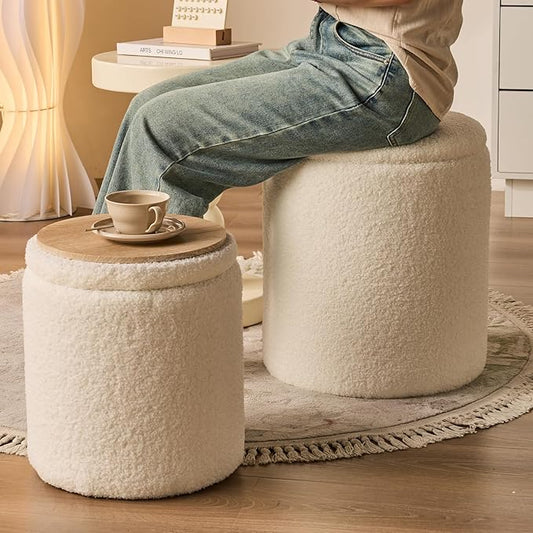 Round Ottoman with Storage Set of 2-Upholstered Sherpa Vanity Stool - Image 2