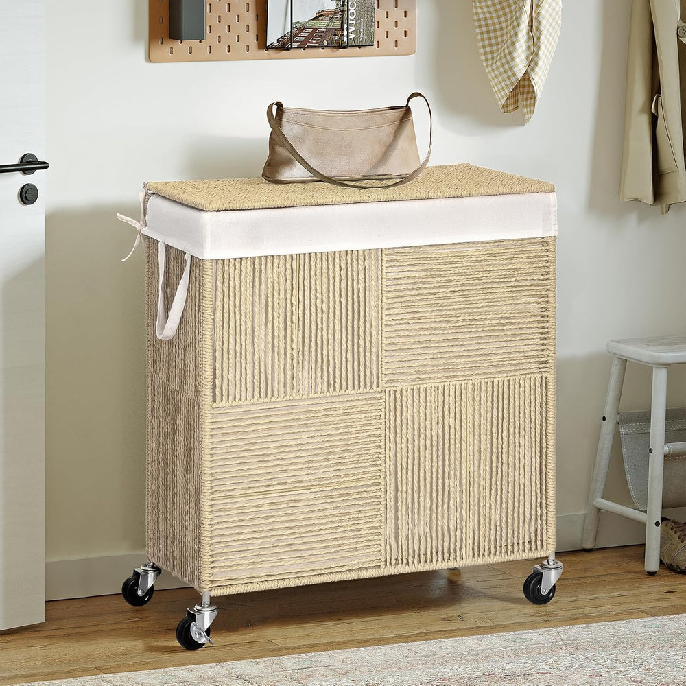 WOWLIVE Double Laundry Hamper with Wheels, Handwoven Rolling Laundry Basket