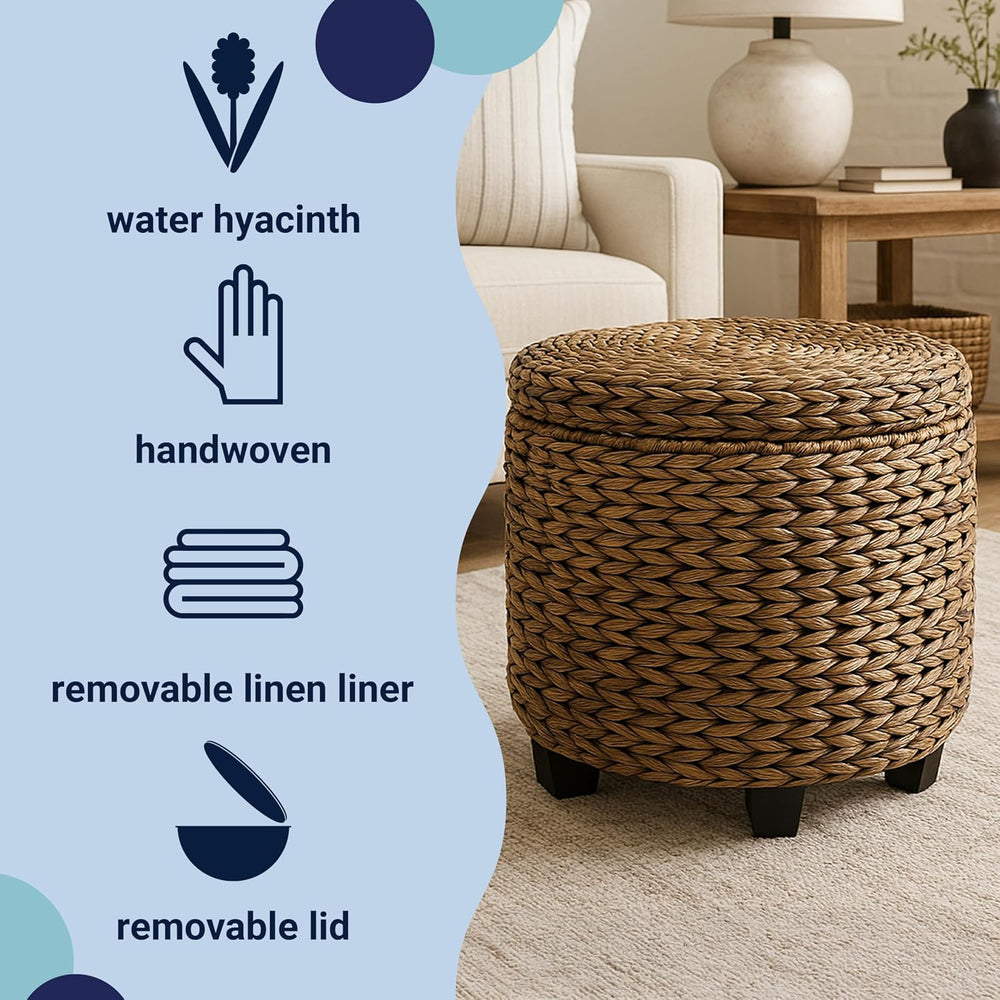 happimess Addie Handwoven Water Hyacinth Storage Ottoman 17.72", Brown Wash