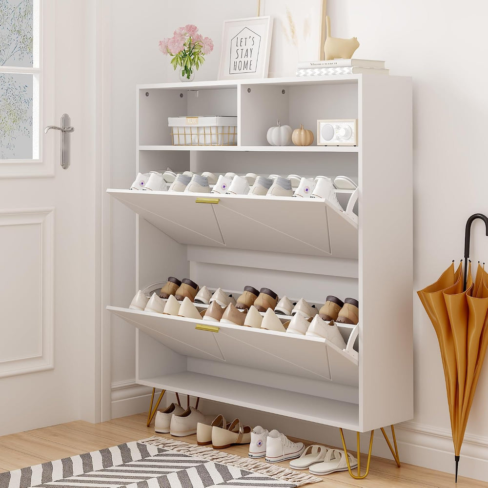 JOZZBY 46'' Tall Shoe Cabinet with 2 Flip Drawers and Open Shelves, W...