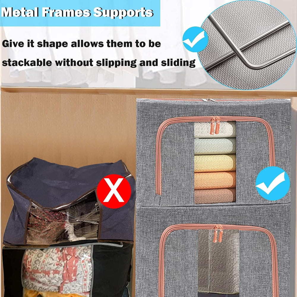 100L Large Storage Bags,Stackable Clothes Storage Bins with Hold Shape Metal ...