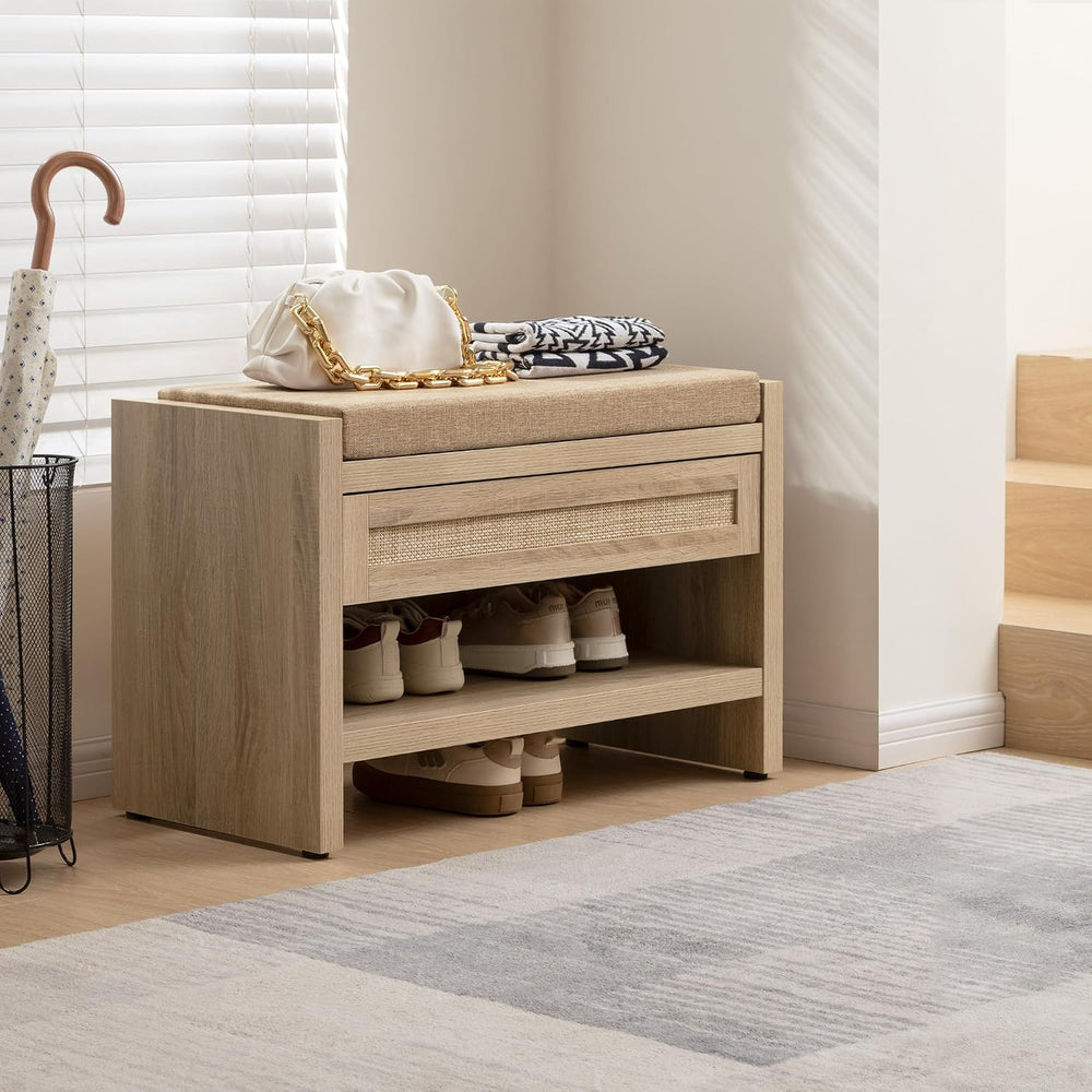 SICOTAS Rattan Shoe Bench Entryway Bench with Storage Drawer, Linen Cushion