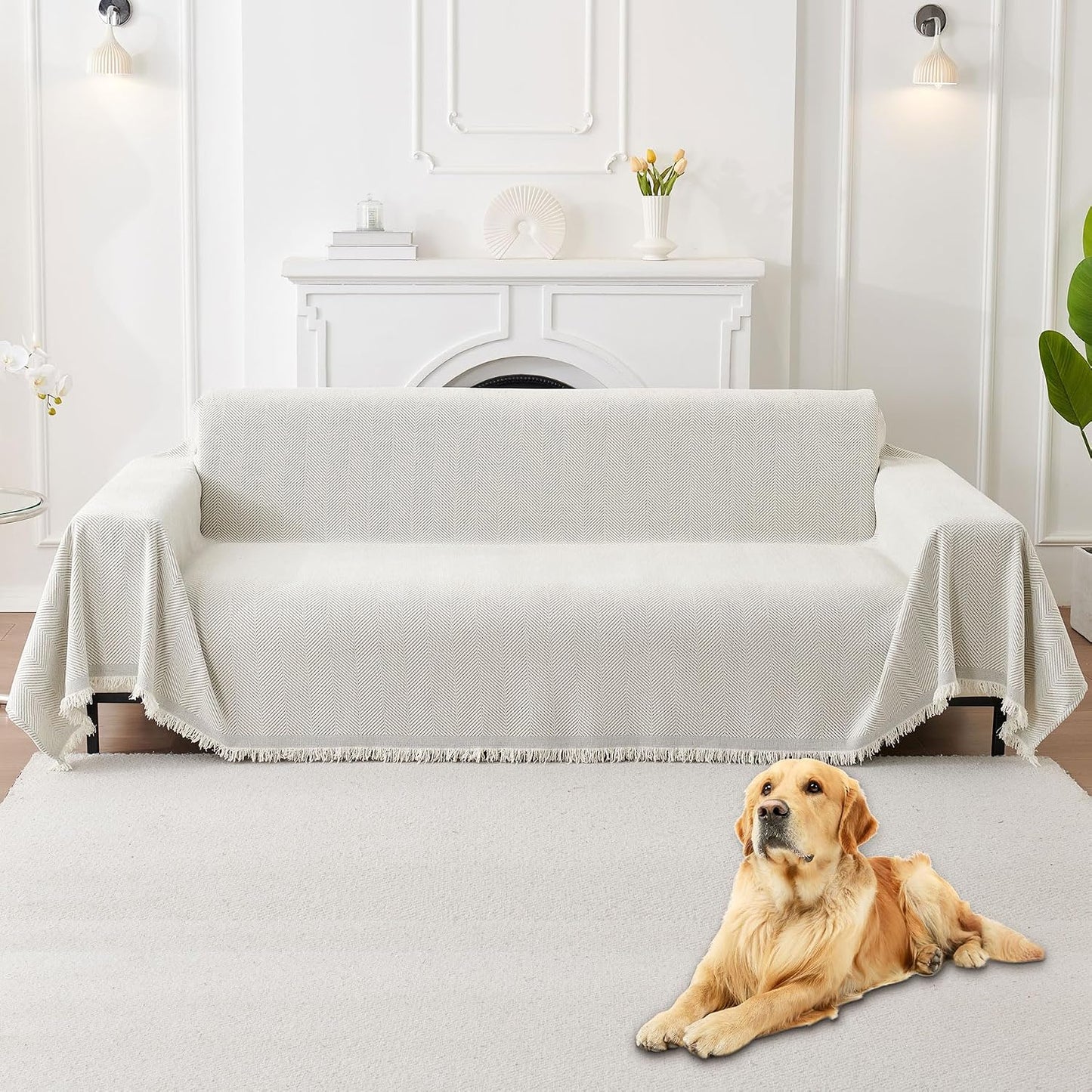 HAOMAIJIA Non Slip couch cover sofa covers for 3 cushion couch Washable sectional couch covers for Dogs pet Furniture Protector Couch Cover Blanket for Living Room (Off white, 91"x150")