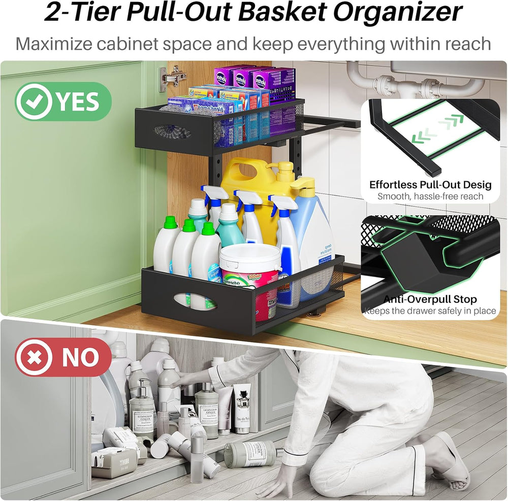 Under Sink Organizer, 1-Pack Pull Out Cabinet Organizer 2 Tier Metal Slide Ou...