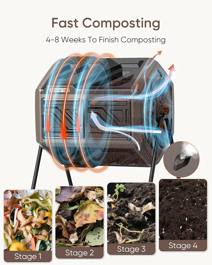 THEGROW'ING Updated 43 Gallon Compost Bin Outdoor, Fast Assemble Tumbling
