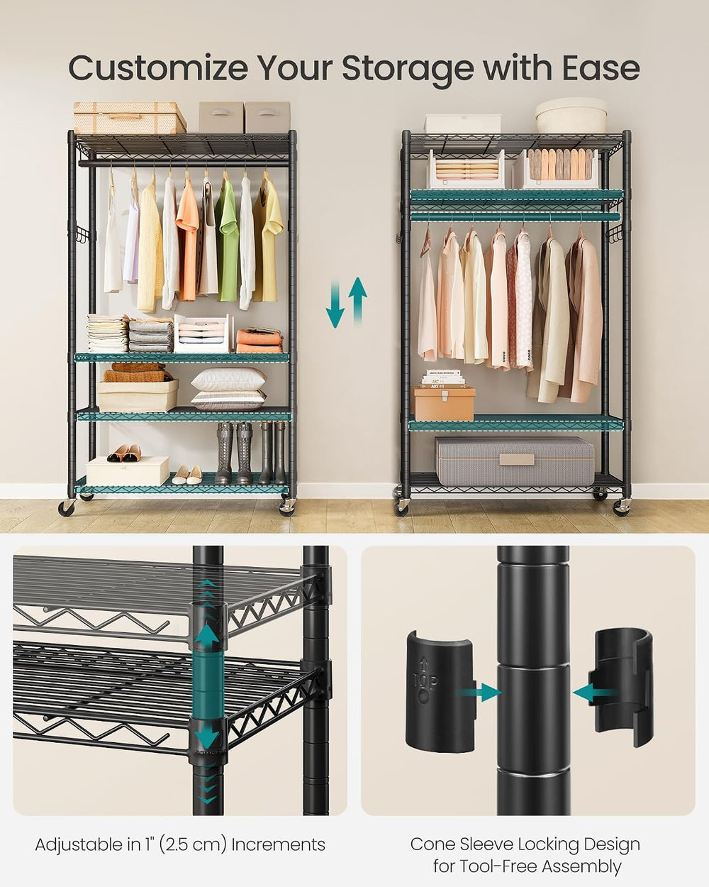 SONGMICS Heavy-Duty Clothes Rack, Portable Closet on Wheels, Garment Rack