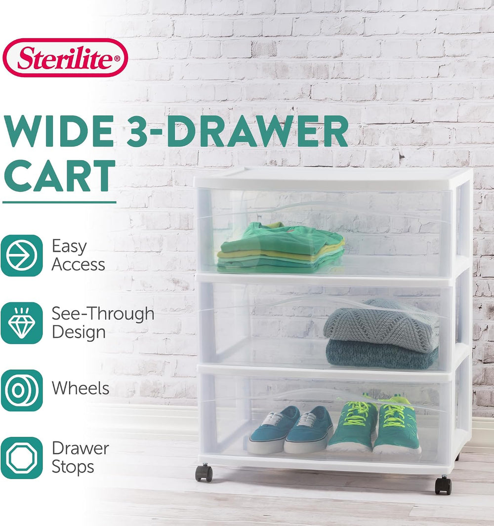Sterilite Wide 3-Drawer Cart with Wheels for Bedroom and Dresser, 2-Pack