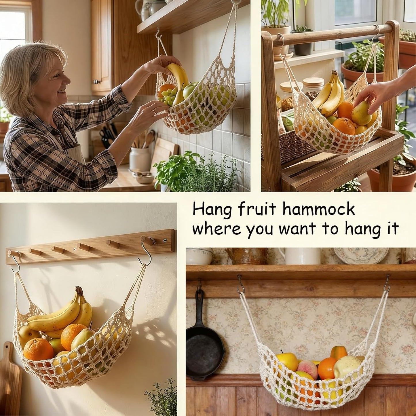 2 Pack Macrame Woven Hanging Fruit Hammock, 13×16in Beige Net | Premium Cotton Fruit Basket with 8 Hooks Under Cabinet Hanging Storage Net for Fruit Veggie Kitchen Home Boat RV