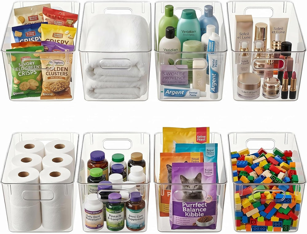 Hudgan 8 Clear Plastic Storage Bins for Pantry Organizer, Kitchen Cabinet