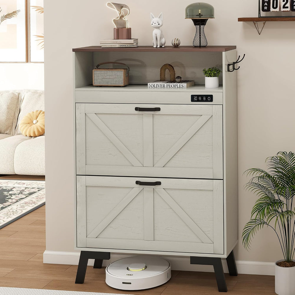 Shoe Cabinet with Deodorizer, Narrow White Entryway Storage, Anti-Tip
