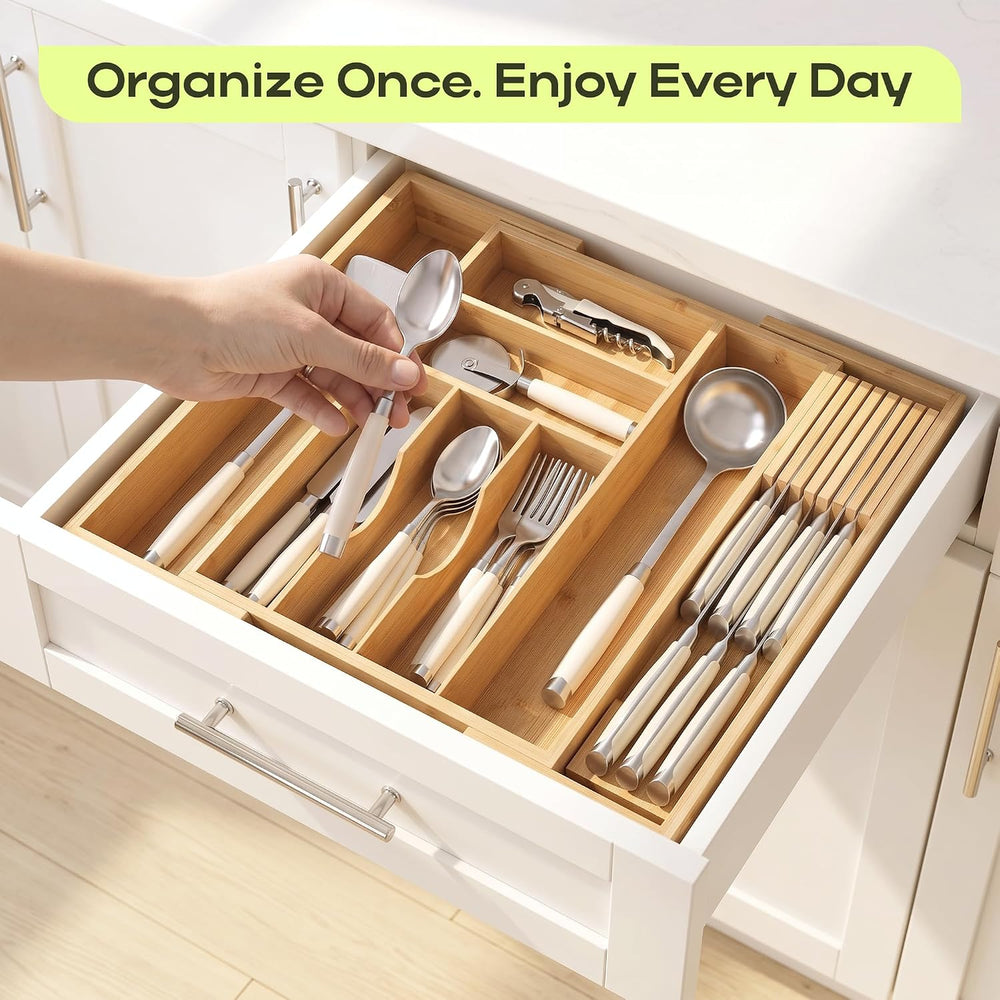 Drawer Organizer for Kitchen Organization – Expandable Bamboo Silverware Draw...