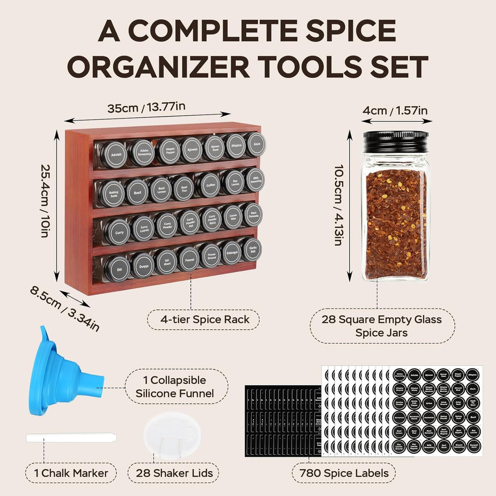 Bamboo Spice Rack Organizer with 28 Glass Spice Jars 4 oz Set Cherry Stain